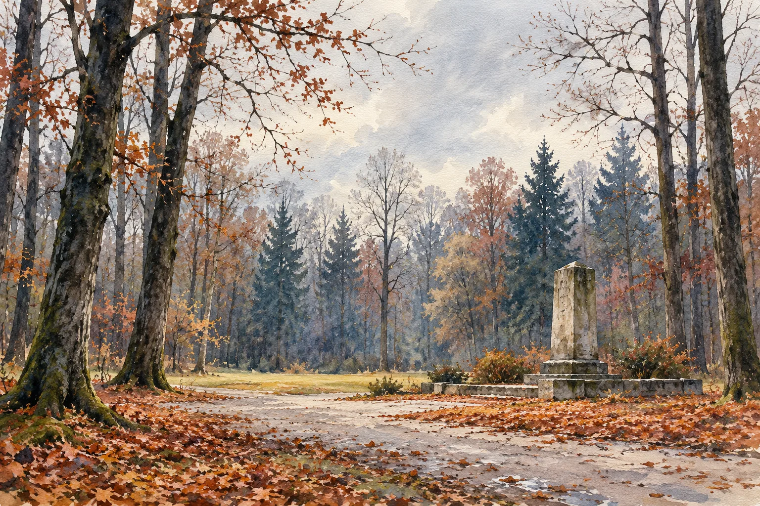 Un monument commémoratif en pierre se trouve au bord d’une allée, dans une forêt aux couleurs automnales.