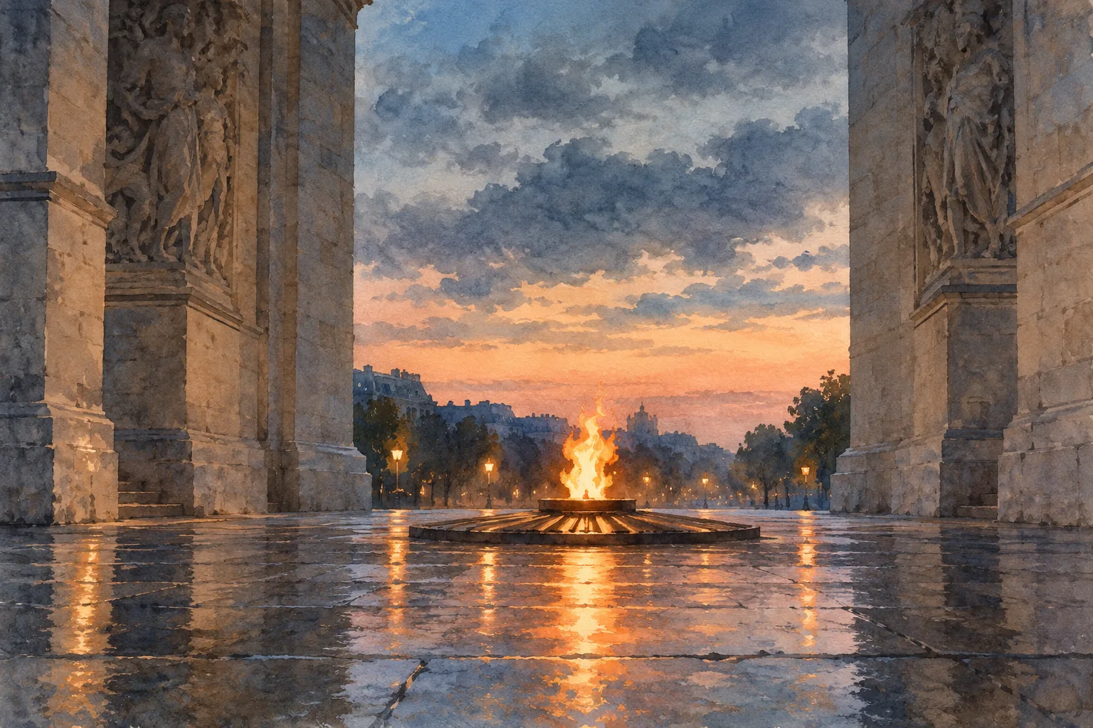 Flamme allumée au pied de l’Arc de Triomphe, sous un ciel crépusculaire et après la pluie.