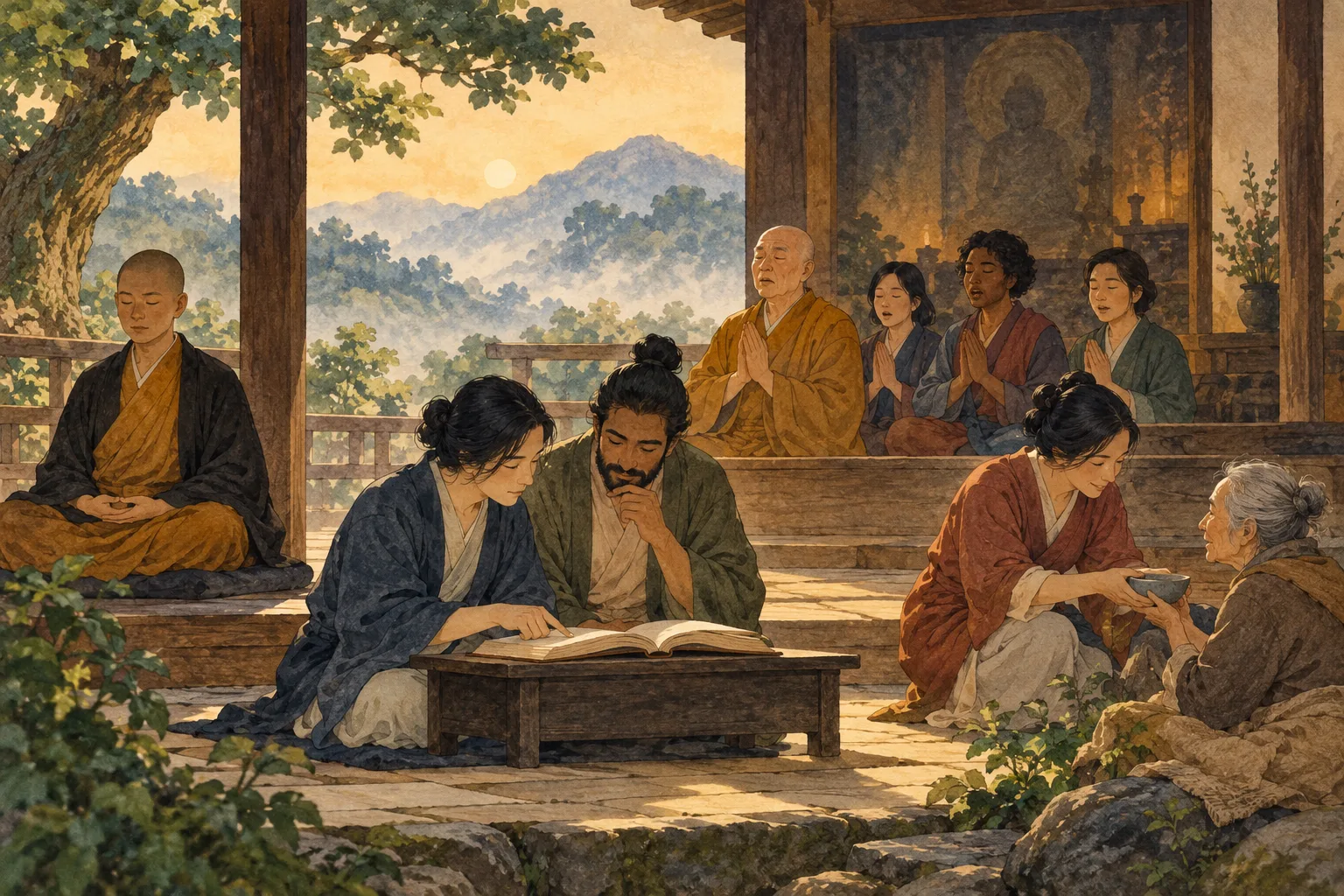 人々が仏教寺院に集まり、瞑想や読経、学びを行い、高齢の参拝者の世話をしている。