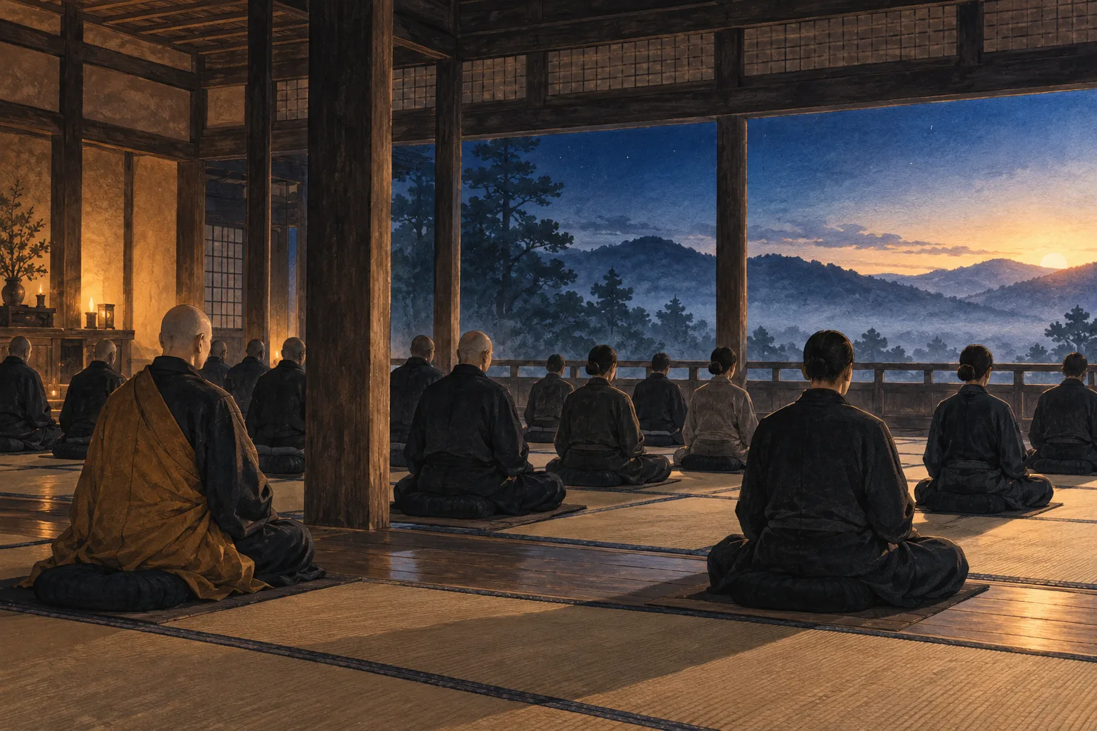 木造の禅寺の中で、瞑想する人々が列をなし、山の峰々の上で夜が明けようとしている