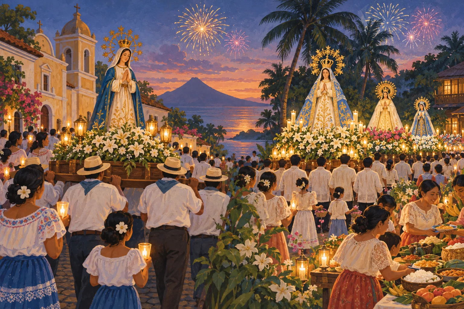 A candlelit procession carries several crowned Marian statues on flower-covered platforms past a church at dusk. Participants wear embroidered white shirts and blouses with colorful skirts. People serve food at a nearby table as fireworks burst above palm trees, water, and a distant mountain.