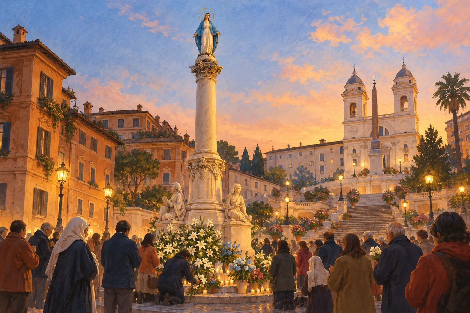 A Marian column rises above flower offerings as worshippers gather in a Roman piazza beside a church.