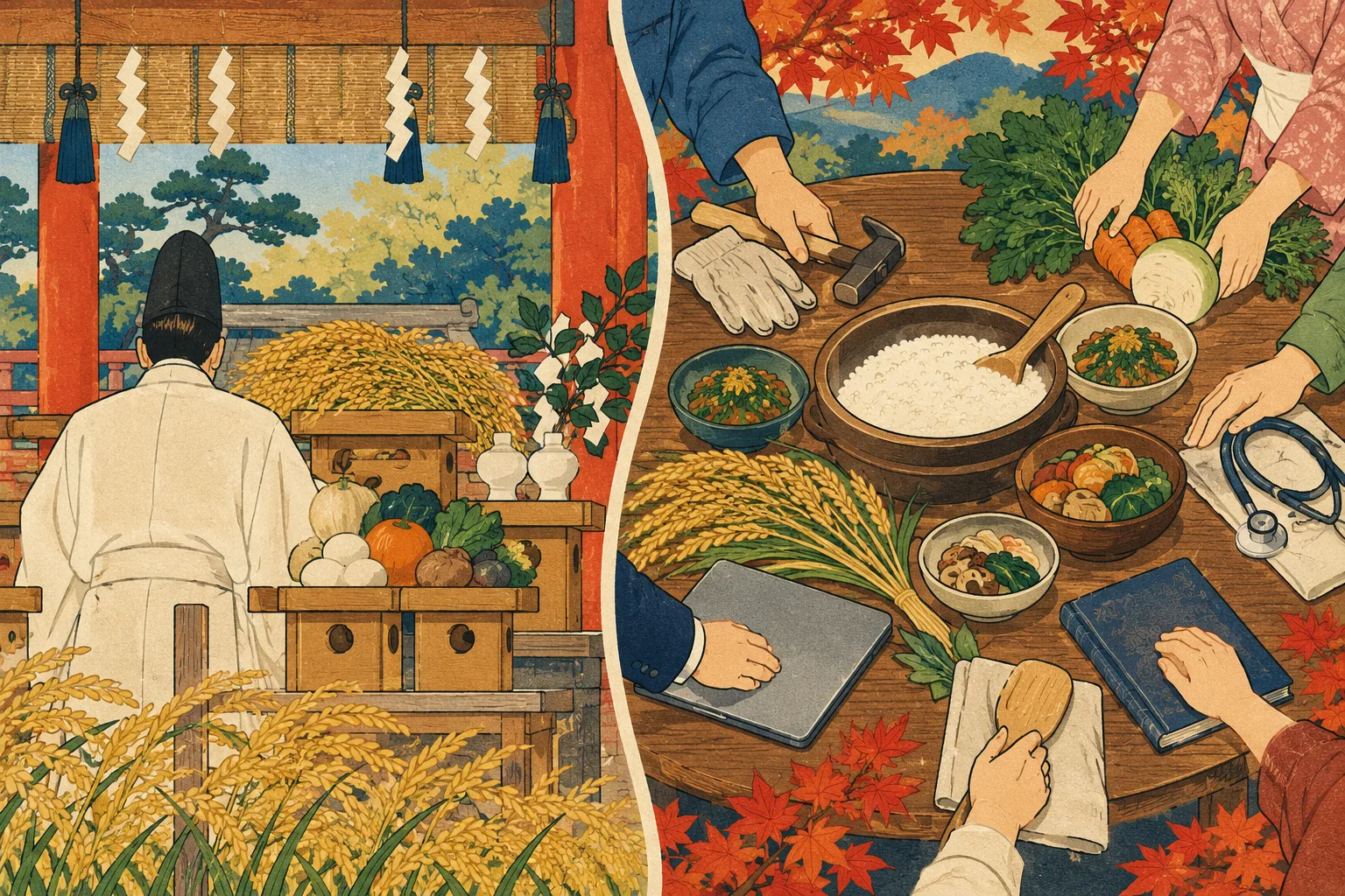 秋の神社で神職が米や野菜を供え、隣では仕事道具や料理、収穫物を囲んでいる