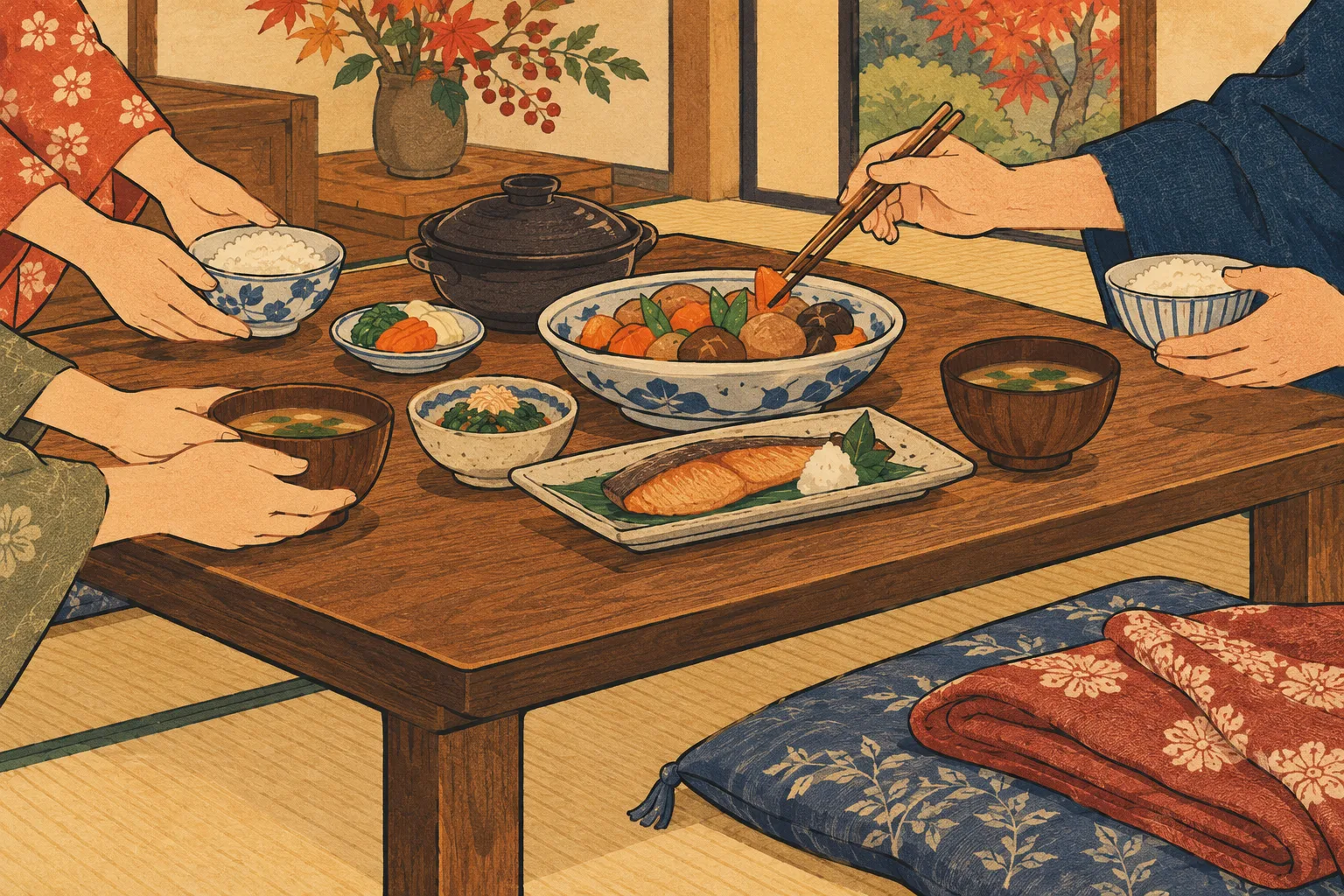 畳の和室で、家族がちゃぶ台を囲み、焼き魚や煮物、ご飯を食べている。