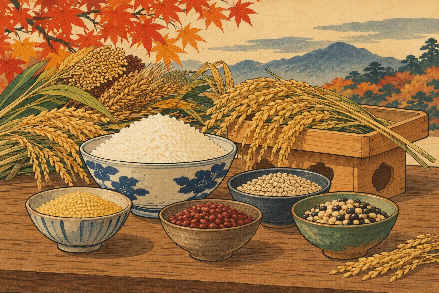 紅葉と山を背景に、稲穂や米、豆類など収穫物を木箱と器に並べた秋の情景。