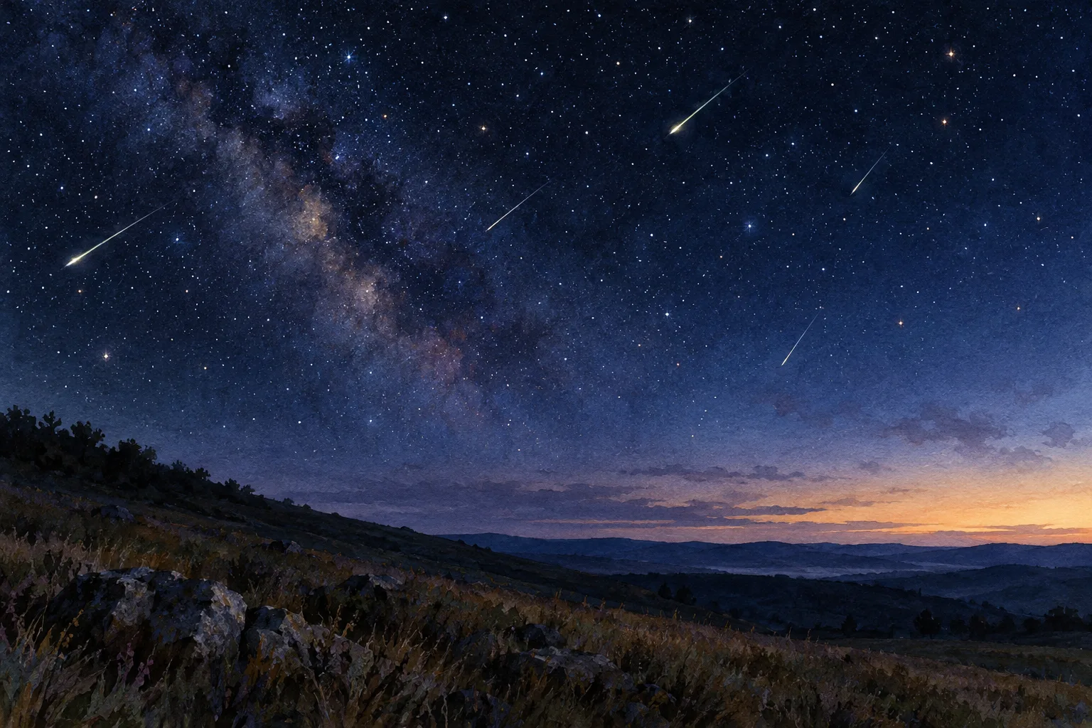 A dark, remote mountain landscape beneath a star-filled sky with several bright meteors and the Milky Way.