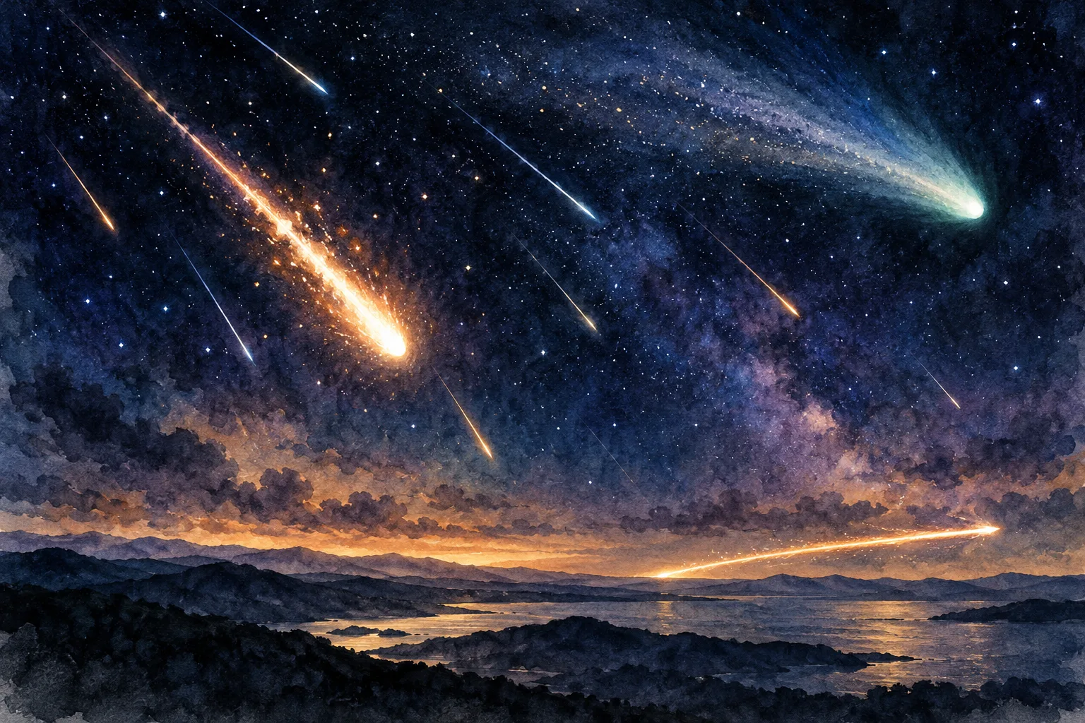 A stylized night sky filled with bright meteors above a dark mountainous landscape and reflective water.