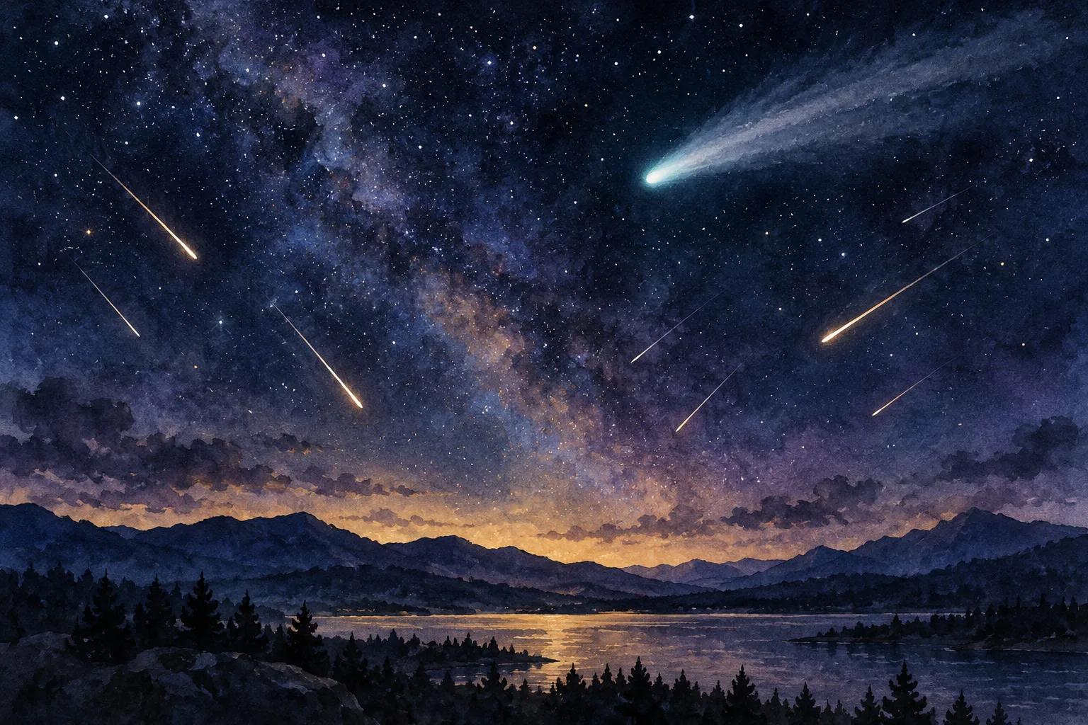 Several bright meteor streaks cross a star-filled sky above a mountain lake, with a comet-like object nearby.