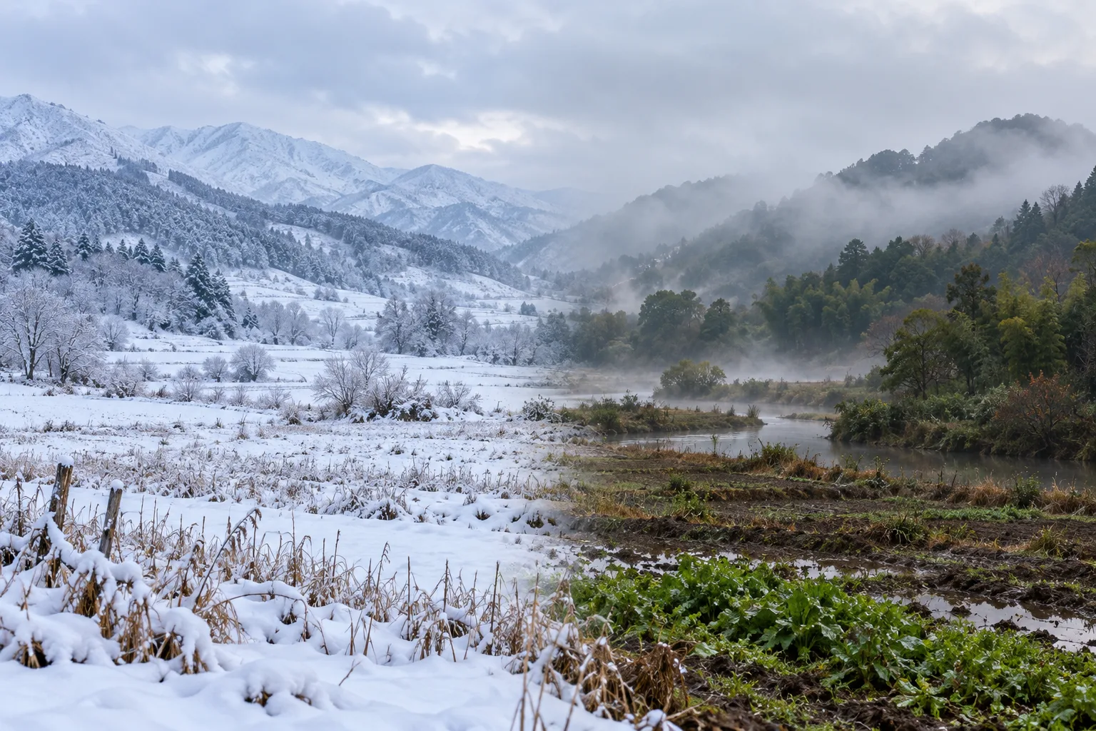 Un valle cubierto de nieve en un lado, mientras el bosque conserva la vegetación verde en el otro; un río atraviesa las montañas cubiertas de niebla
