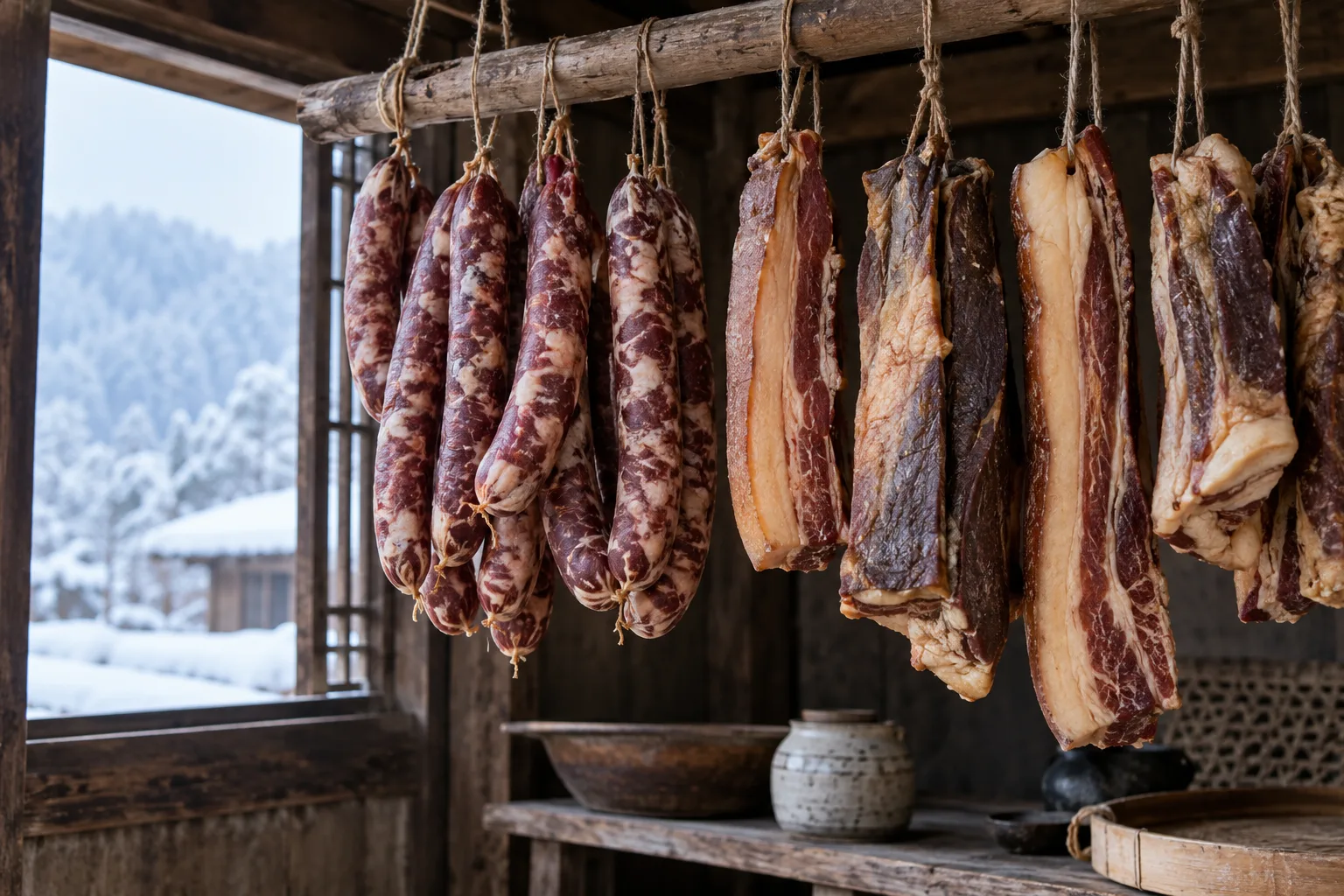 Salchichas y carne curada colgadas dentro de una casa de madera, con montañas nevadas visibles por la ventana y vasijas de cerámica y cestas de bambú al lado