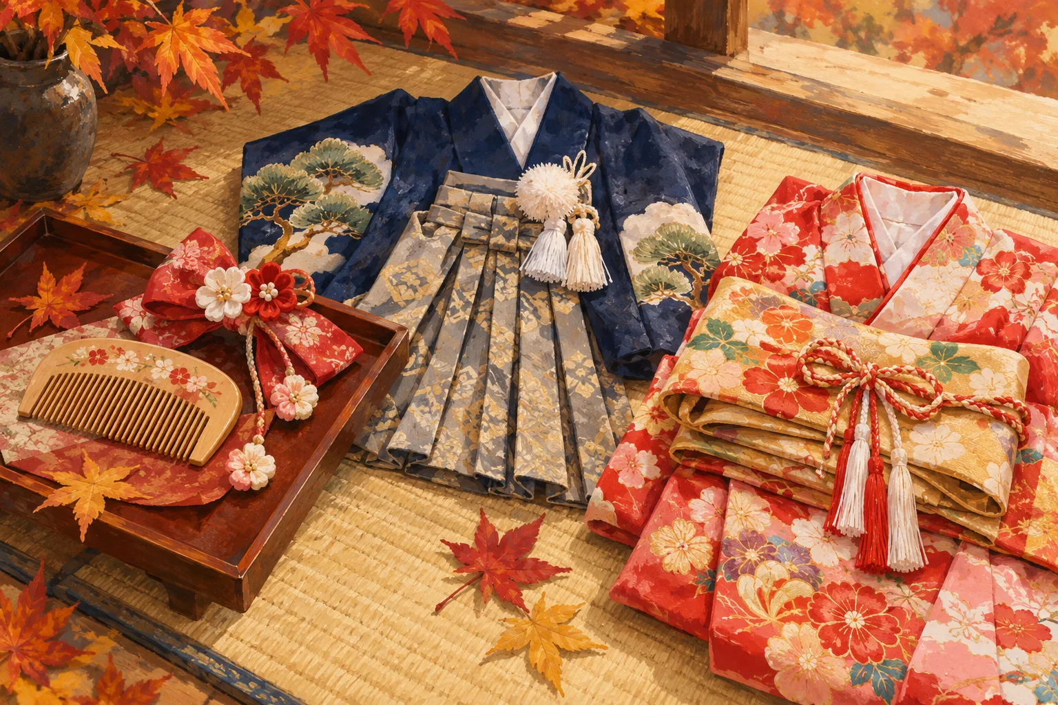 Sur un tatami sont disposés un hakama de garçon, un kimono coloré de fille, des ornements pour cheveux et un peigne.