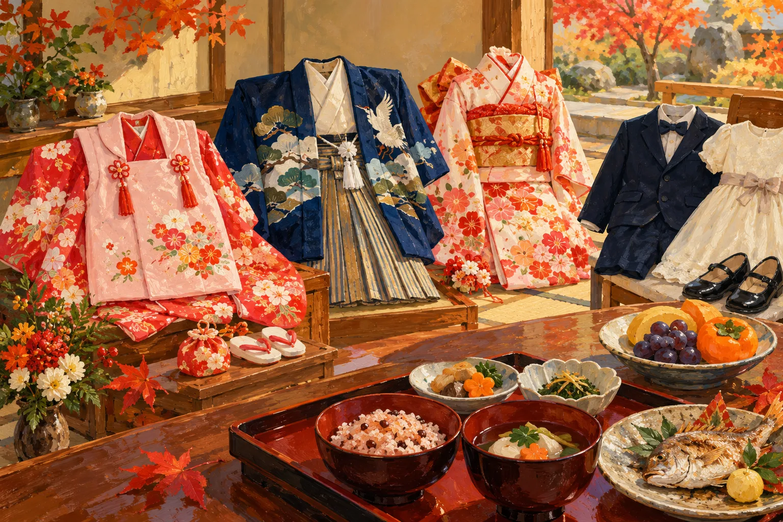 Des tenues de fête pour enfants, japonaises et occidentales, sont disposées avec des fleurs d’automne et un repas.