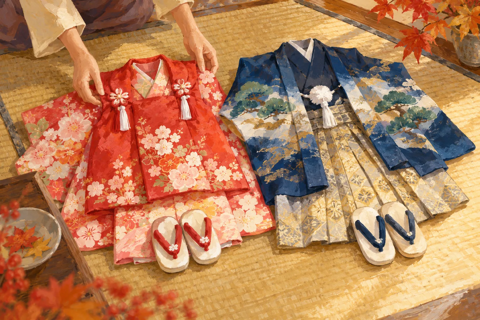 Shichi-Go-San 2026 : sur un tatami, un kimono rouge à motifs floraux, un haori bleu orné de pins et des sandales sont disposés avec des feuilles d’automne.