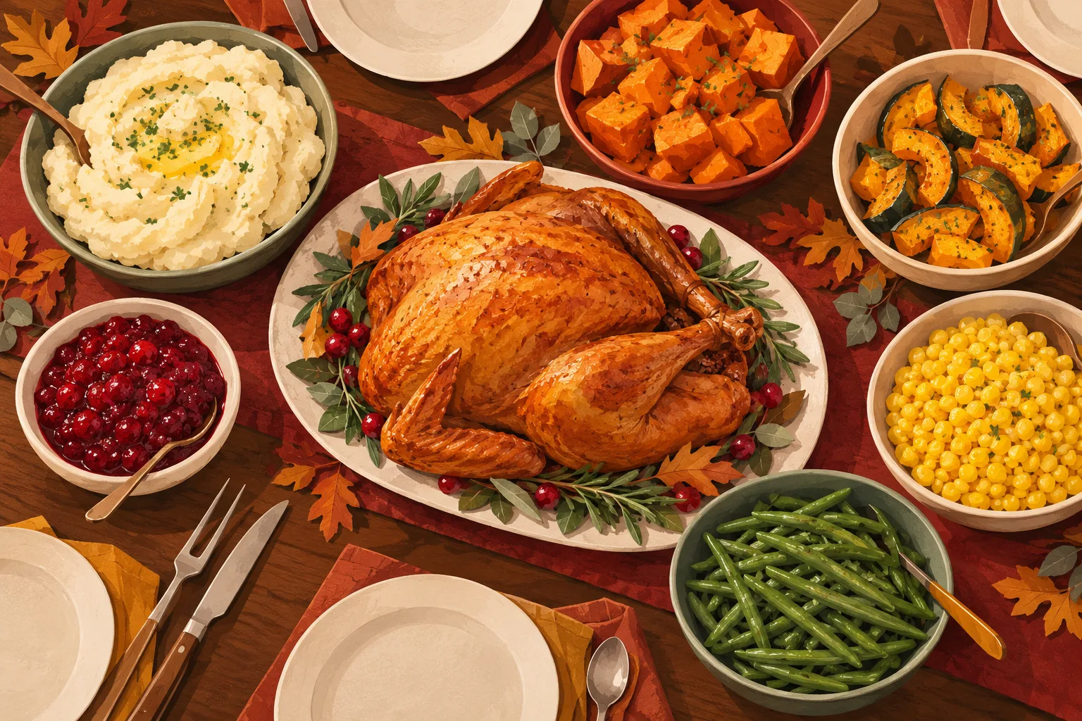 Overhead holiday table with roasted turkey, mashed potatoes, sweet potatoes, squash, corn, green beans, and cranberry sauce.