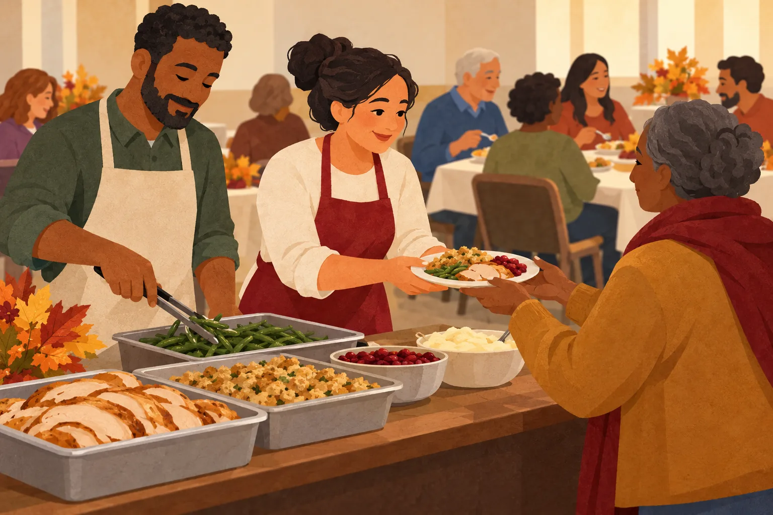 Two apron-wearing servers offer turkey and side dishes at a communal meal. One hands a plate to an older woman while the other serves green beans. Trays of sliced turkey and stuffing, bowls of cranberries and mashed potatoes, autumn leaves, and diners seated at tables fill the room.