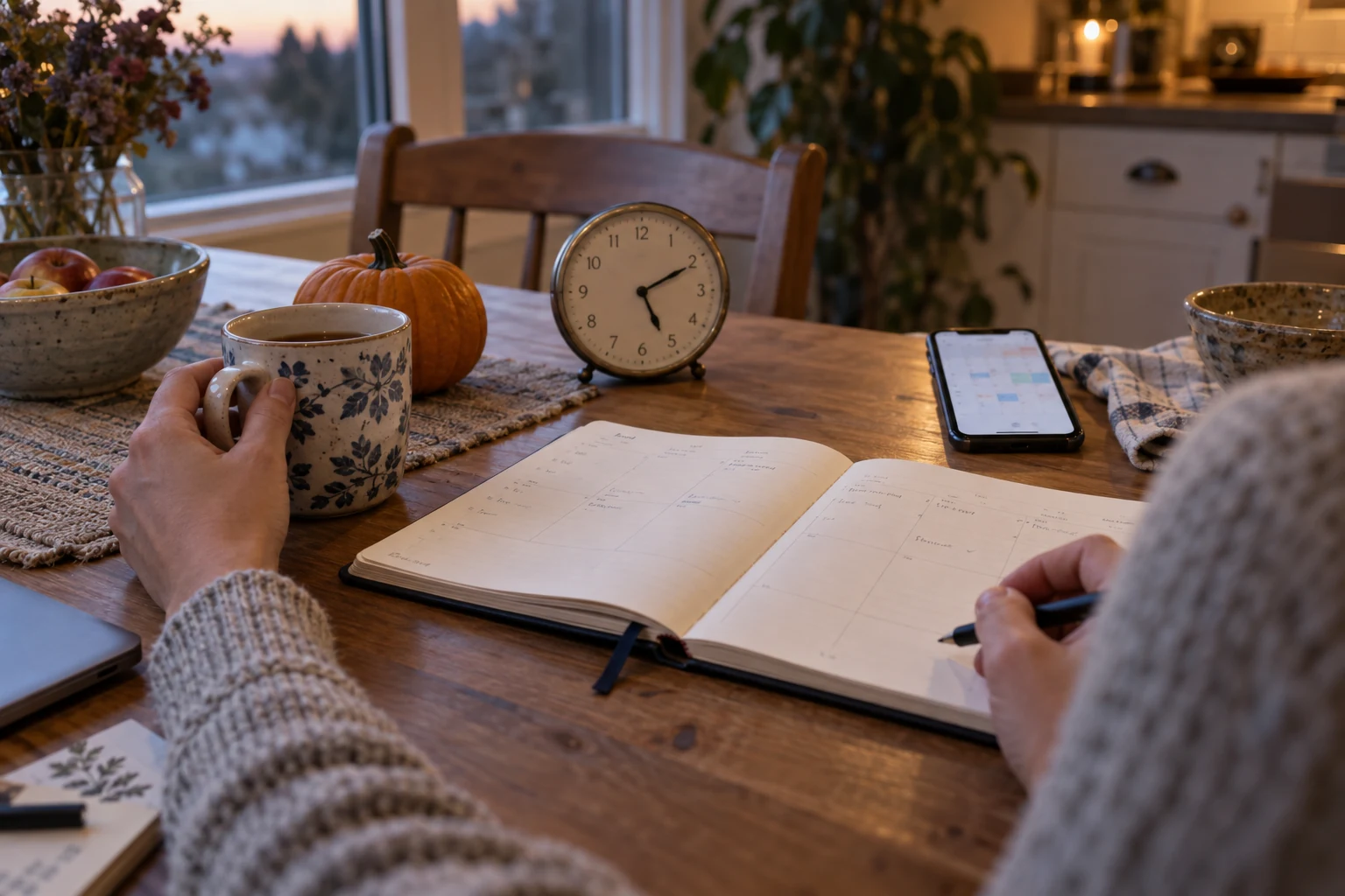 Una escena realista de planificación de Halloween con un calendario y un reloj