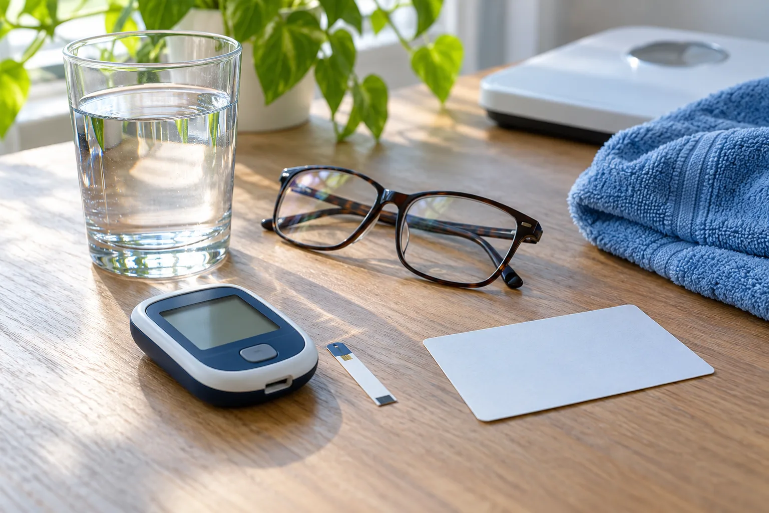 A glass of water, eyeglasses, a blood glucose meter with test strip, a bathroom scale, and a folded blue towel rest on a sunlit wooden table.
