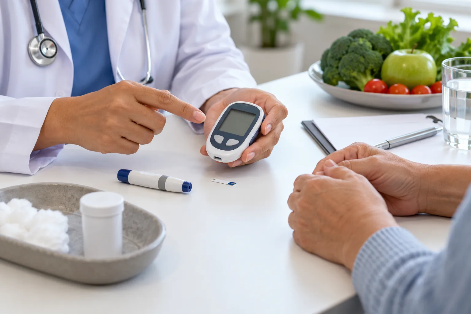 A healthcare worker demonstrates a blood glucose meter to a seated patient at a table with diabetes supplies and vegetables.