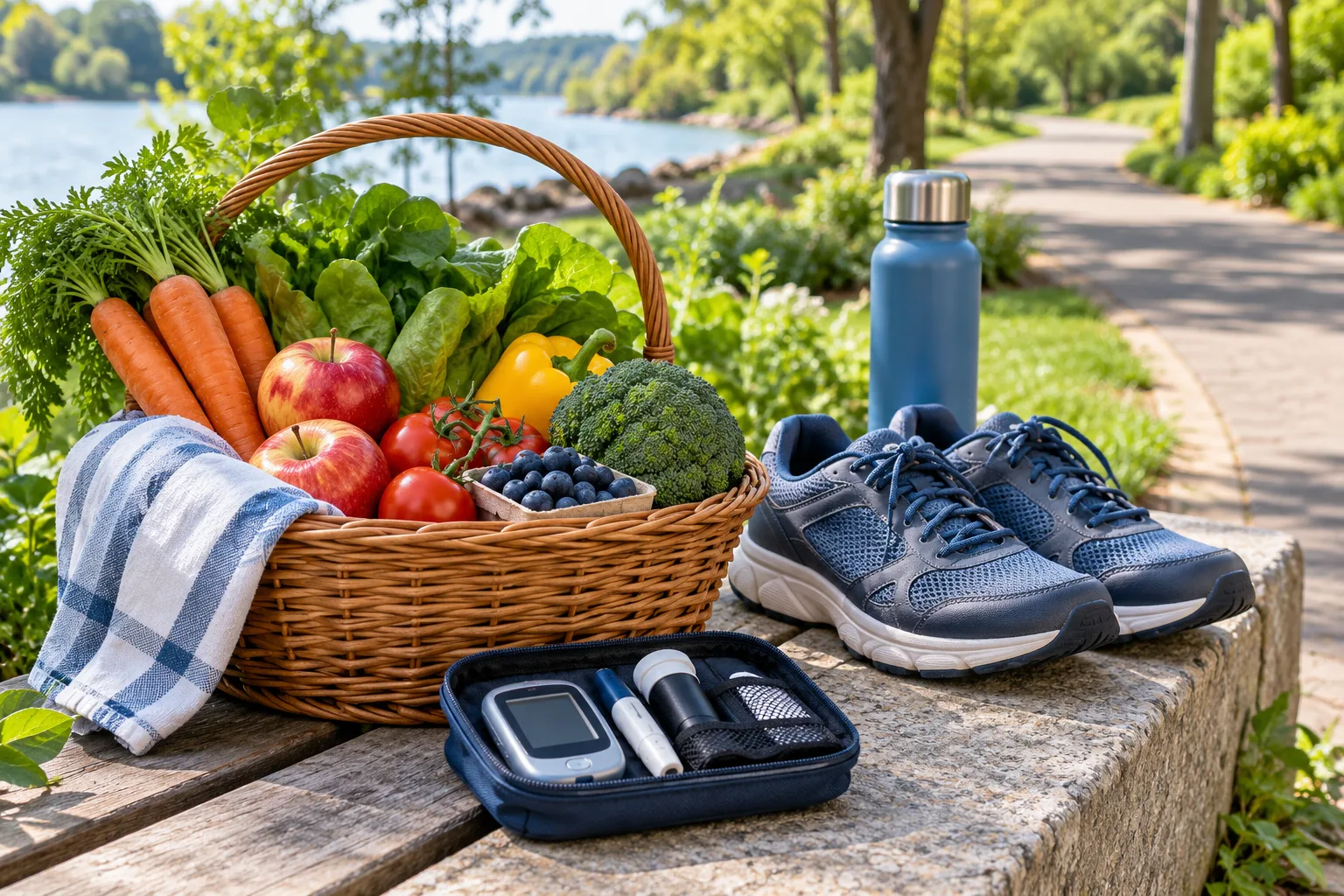 A basket of fresh vegetables and fruit, walking shoes, a water bottle, and a glucose testing kit rest beside a lakeside path.