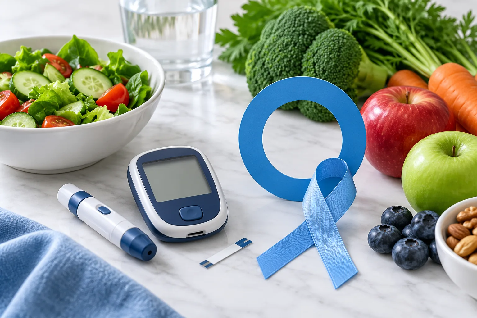 A blood glucose meter, lancet, test strip, blue circle and ribbon, salad, vegetables, fruit, berries, nuts, and water on a countertop.