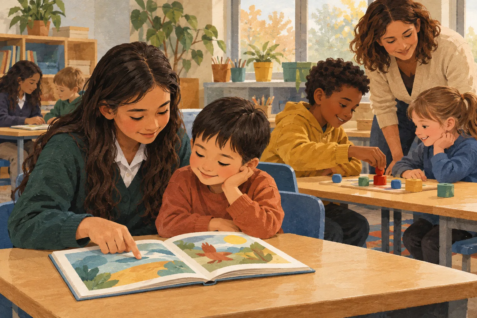 밝은 교실에 학생들이 함께 앉아 있다. 한 고학년 학생이 어린 학생 옆에서 펼쳐진 그림책의 한 페이지를 가리키고 있으며, 다른 한 쌍은 웃는 어른의 지켜보는 가운데 알록달록한 블록을 가지고 놀고 있다. 뒤쪽에서는 두 명의 학생이 책을 함께 보고 있다.
